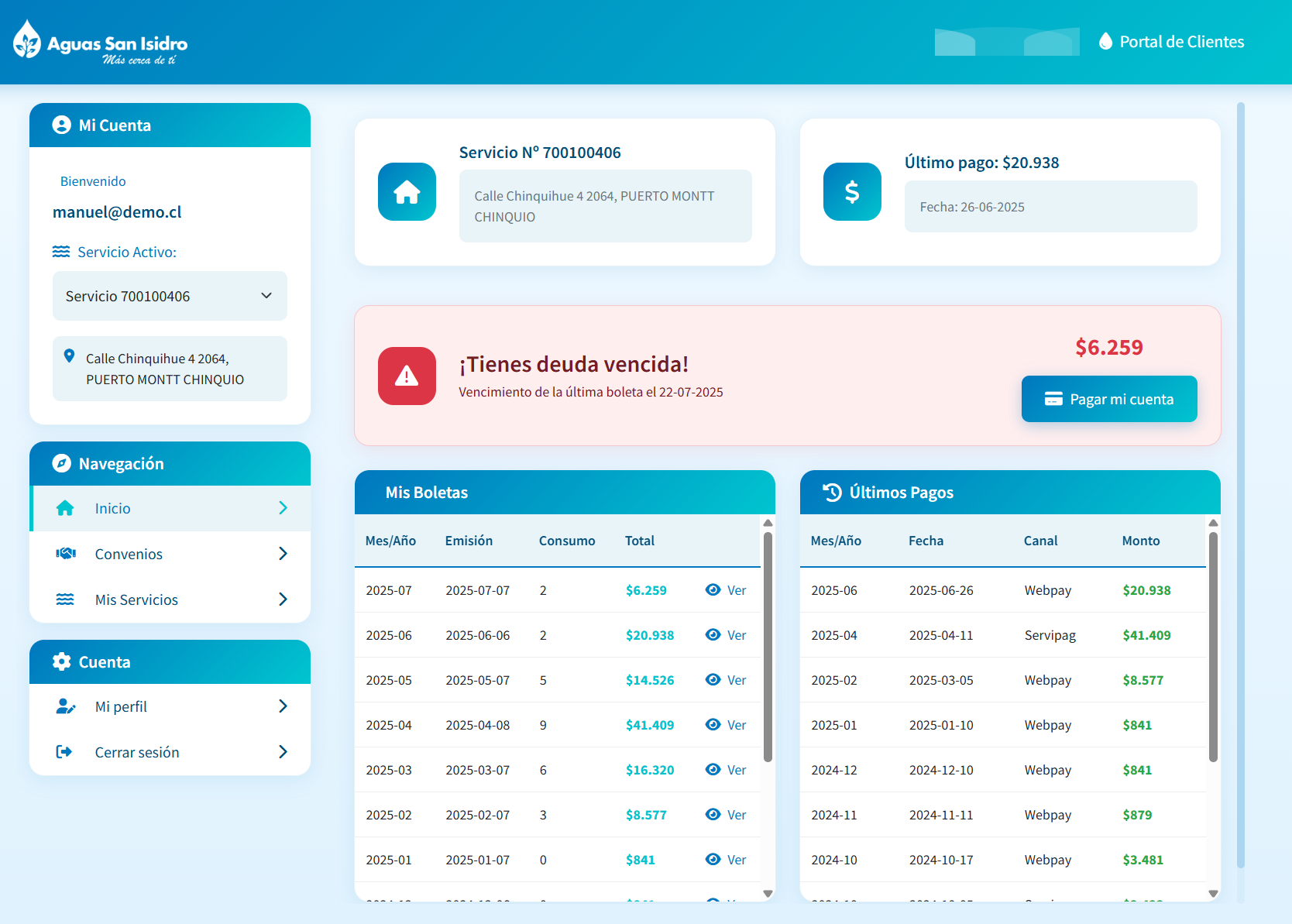Oficina Virtual San Isidro — portal de clientes que redujo las llamadas un 90%